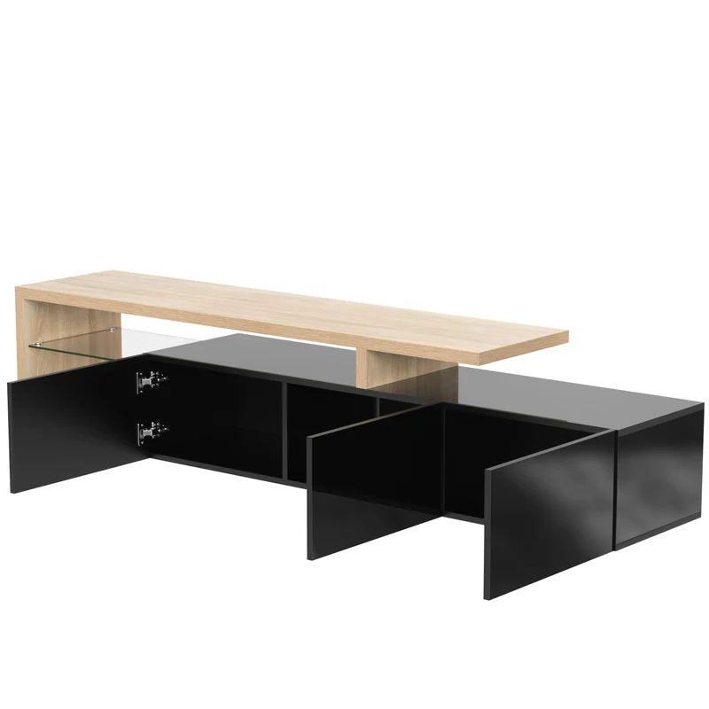 Design de meuble TV moderne noir brillant aspect bois éclairage LED avec 3 portes battantes et étagères en verre rangement NIKRID