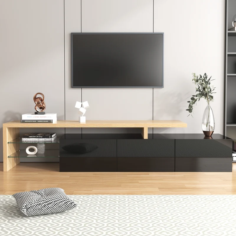 Design de meuble TV moderne noir brillant aspect bois éclairage LED avec 3 portes battantes et étagères en verre rangement NIKRID