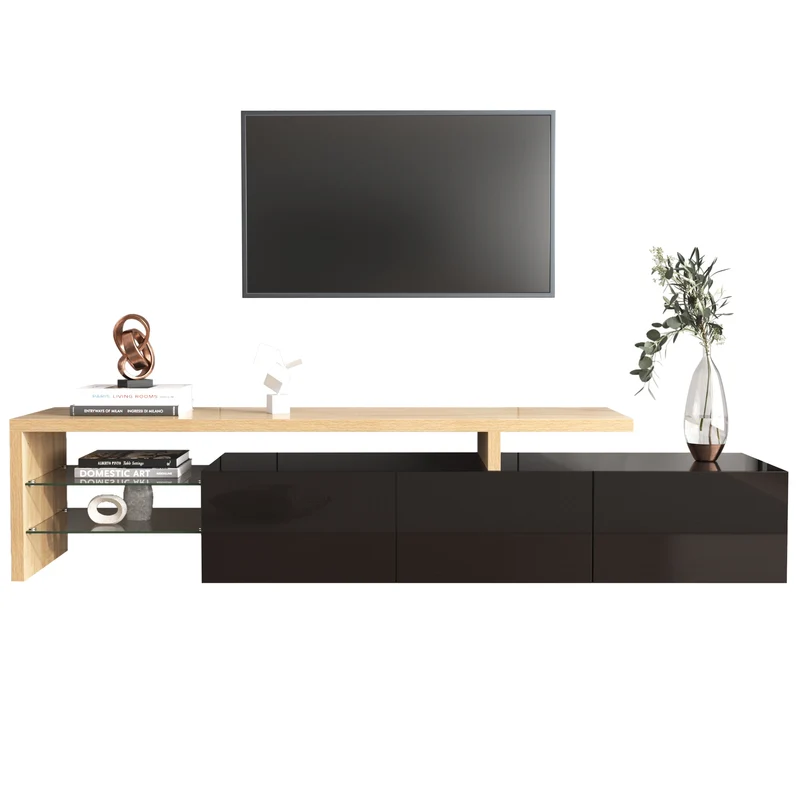 Design de meuble TV moderne noir brillant aspect bois éclairage LED avec 3 portes battantes et étagères en verre rangement NIKRID
