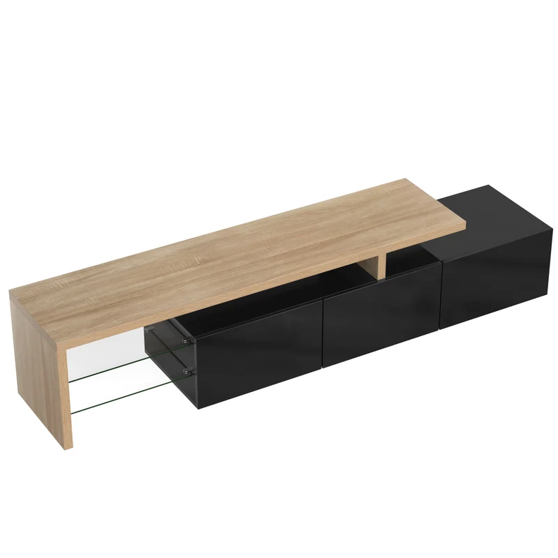 Design de meuble TV moderne noir brillant aspect bois éclairage LED avec 3 portes battantes et étagères en verre rangement NIKRID