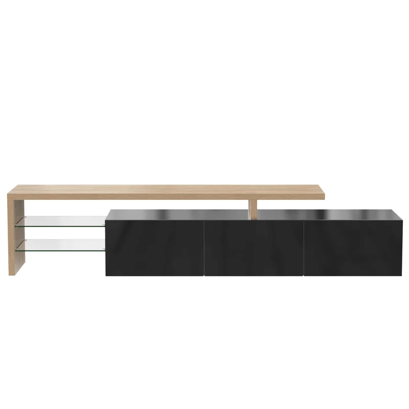 Design de meuble TV moderne noir brillant aspect bois éclairage LED avec 3 portes battantes et étagères en verre rangement NIKRID