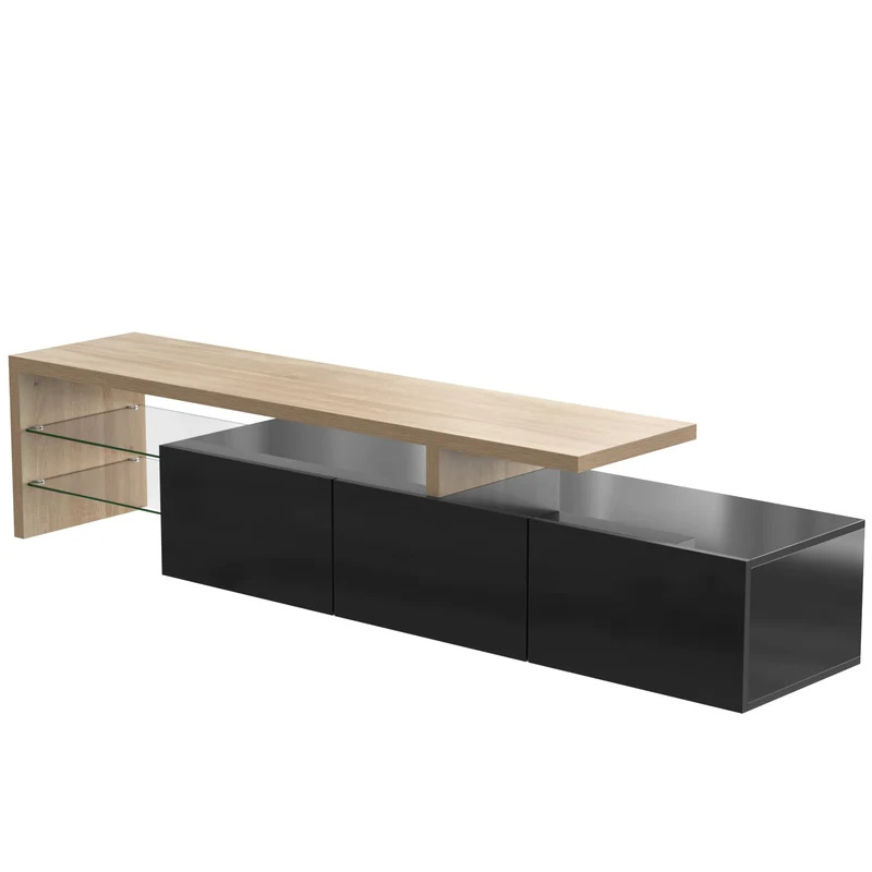 Design de meuble TV moderne noir brillant aspect bois éclairage LED avec 3 portes battantes et étagères en verre rangement NIKRID