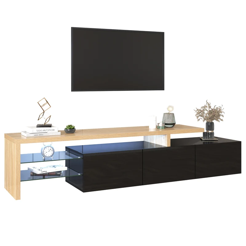 Design de meuble TV moderne noir brillant aspect bois éclairage LED avec 3 portes battantes et étagères en verre rangement NIKRID