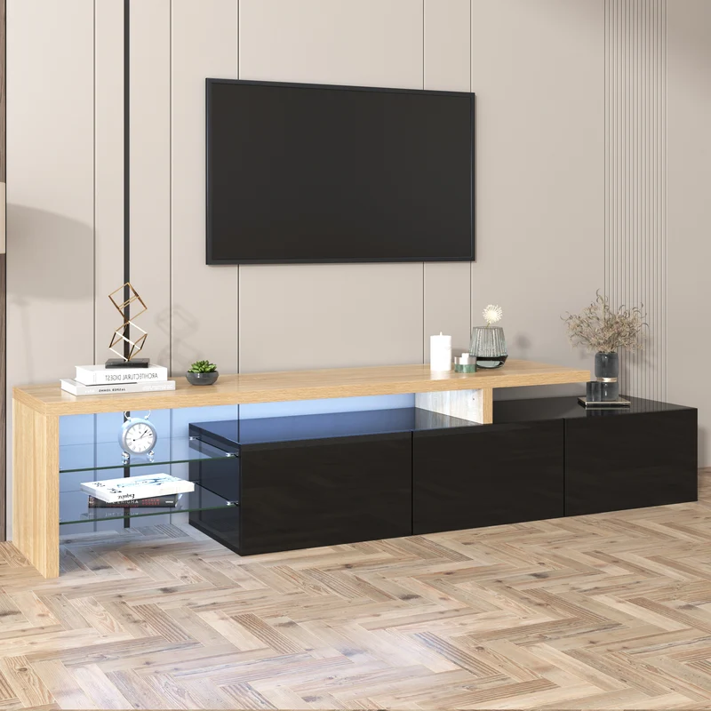 Design de meuble TV moderne noir brillant aspect bois éclairage LED avec 3 portes battantes et étagères en verre rangement NIKRID