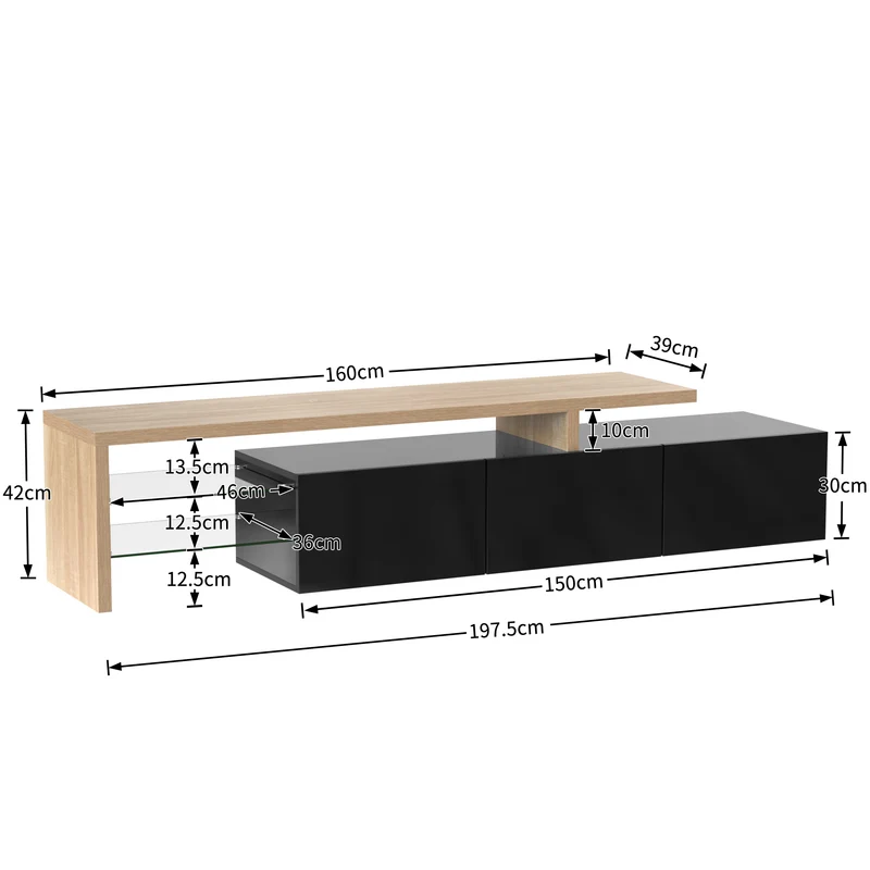Design de meuble TV moderne noir brillant aspect bois éclairage LED avec 3 portes battantes et étagères en verre rangement NIKRID