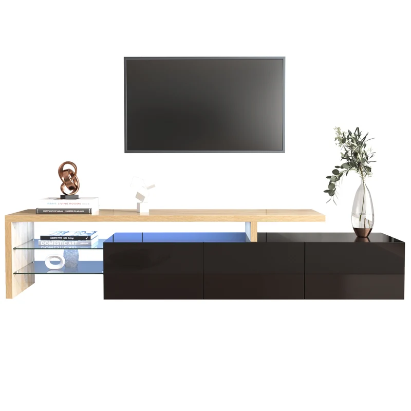 Design de meuble TV moderne noir brillant aspect bois éclairage LED avec 3 portes battantes et étagères en verre rangement NIKRID