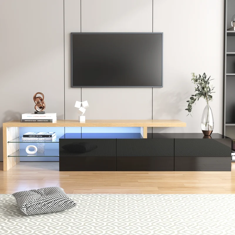 Design de meuble TV moderne noir brillant aspect bois éclairage LED avec 3 portes battantes et étagères en verre rangement NIKRID