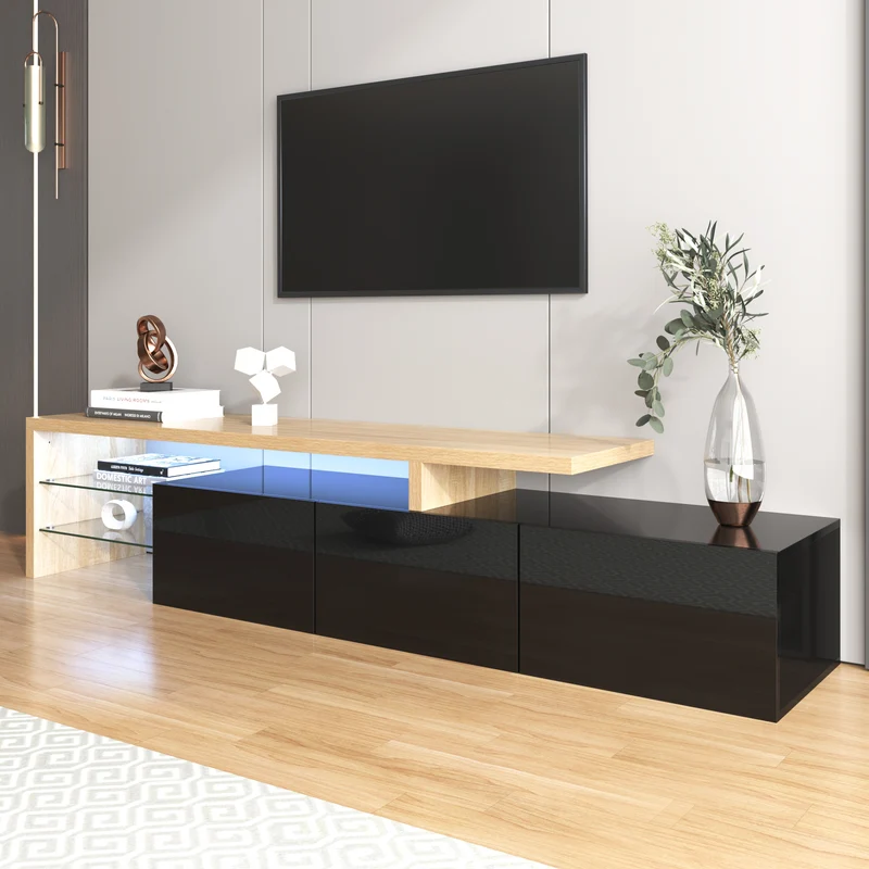 Design de meuble TV moderne noir brillant aspect bois éclairage LED avec 3 portes battantes et étagères en verre rangement NIKRID