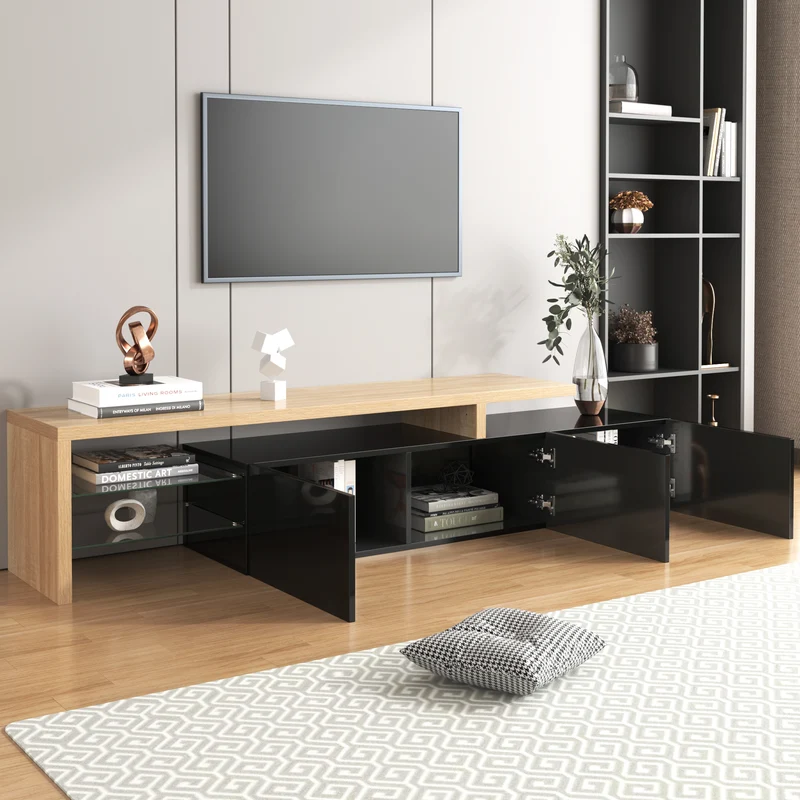 Design de meuble TV moderne noir brillant aspect bois éclairage LED avec 3 portes battantes et étagères en verre rangement NIKRID