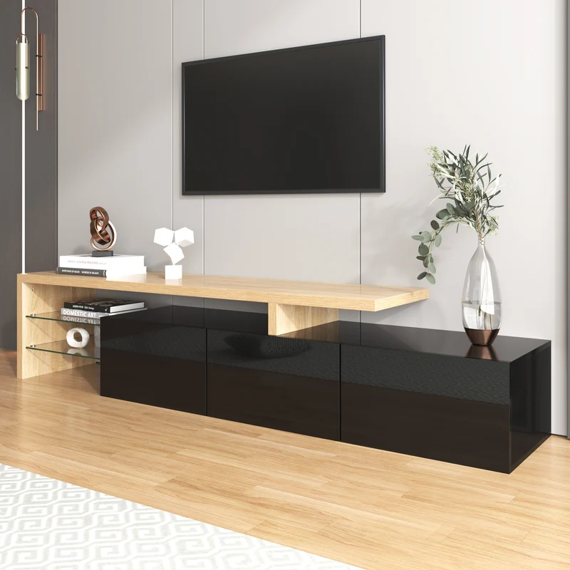 Design de meuble TV moderne noir brillant aspect bois éclairage LED avec 3 portes battantes et étagères en verre rangement NIKRID