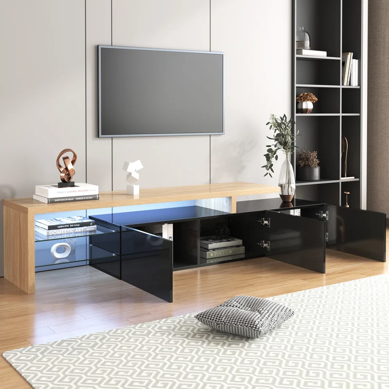 Design de meuble TV moderne noir brillant aspect bois éclairage LED avec 3 portes battantes et étagères en verre rangement NIKRID