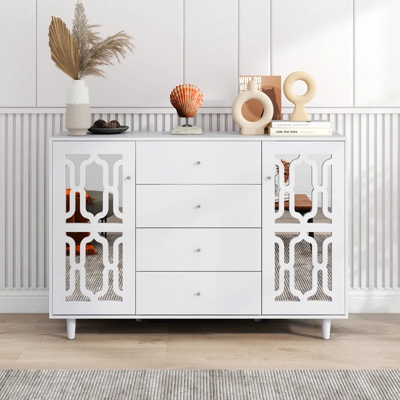 Buffet blanc design 4 tiroirs 2 portes miroir motif géométrique et poignées en cristal froid 147*40*102cm XILKODS