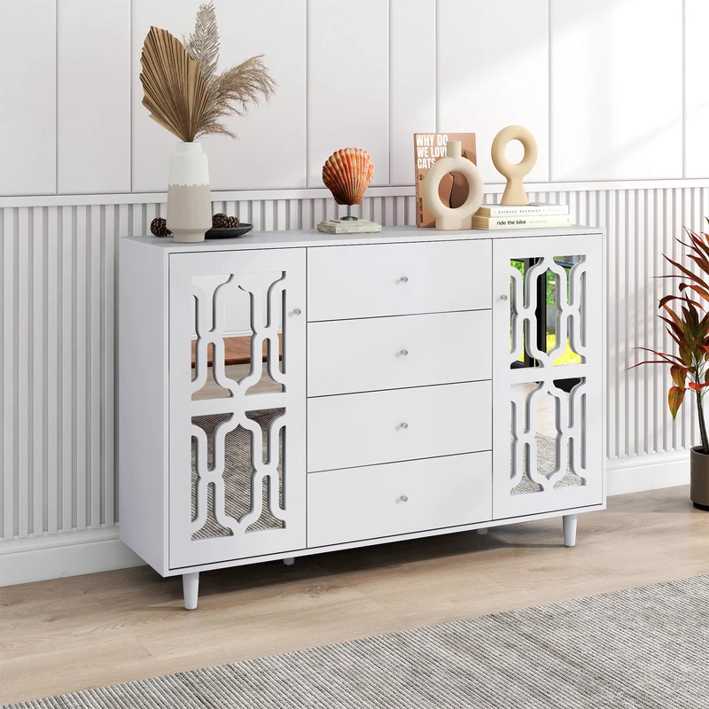 Buffet blanc design 4 tiroirs 2 portes miroir motif géométrique et poignées en cristal froid 147*40*102cm XILKODS