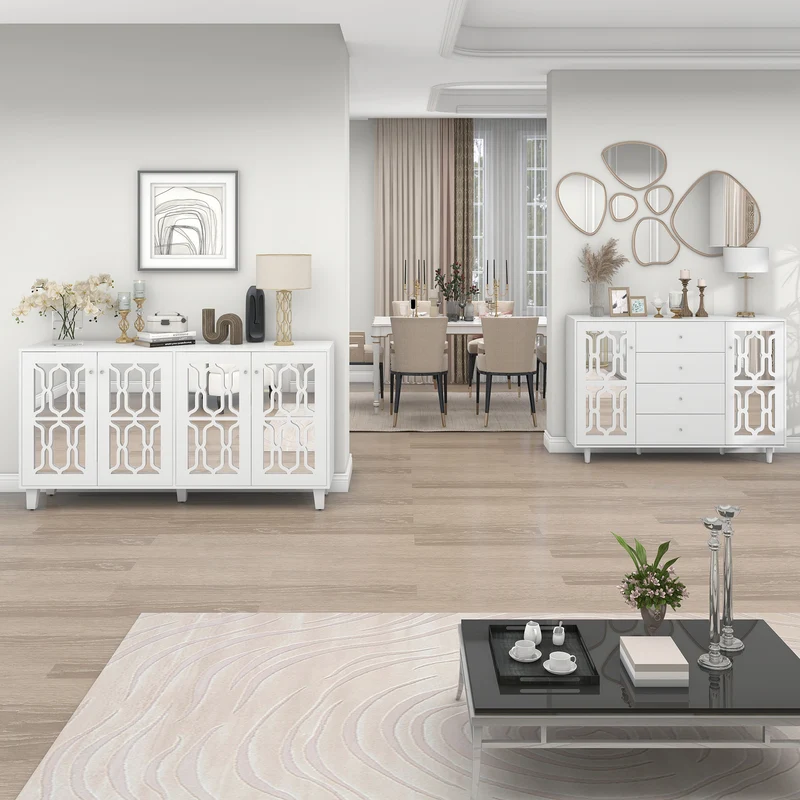 Buffet blanc design 4 tiroirs 2 portes miroir motif géométrique et poignées en cristal froid 147*40*102cm XILKODS