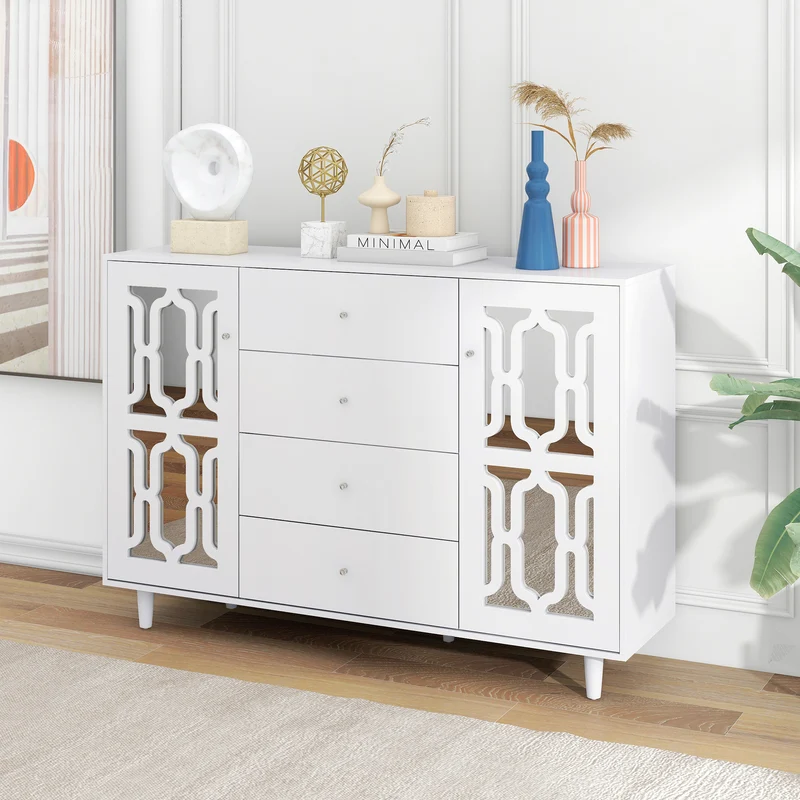 Buffet blanc design 4 tiroirs 2 portes miroir motif géométrique et poignées en cristal froid 147*40*102cm XILKODS