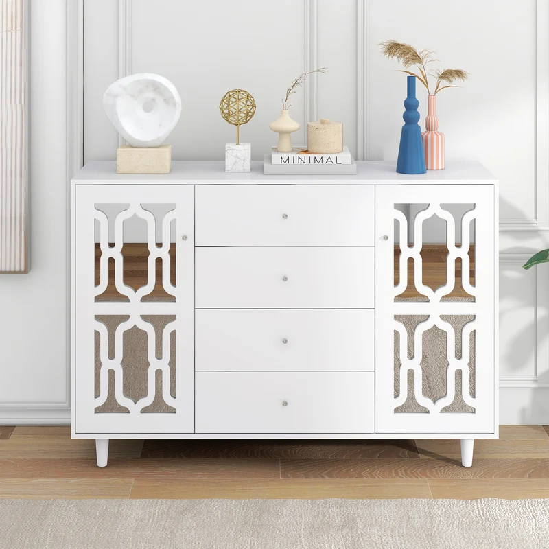 Buffet blanc design 4 tiroirs 2 portes miroir motif géométrique et poignées en cristal froid 147*40*102cm XILKODS