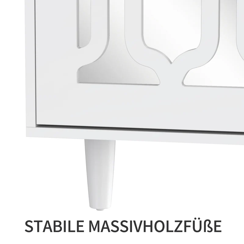 Buffet blanc design 4 tiroirs 2 portes miroir motif géométrique et poignées en cristal froid 147*40*102cm XILKODS