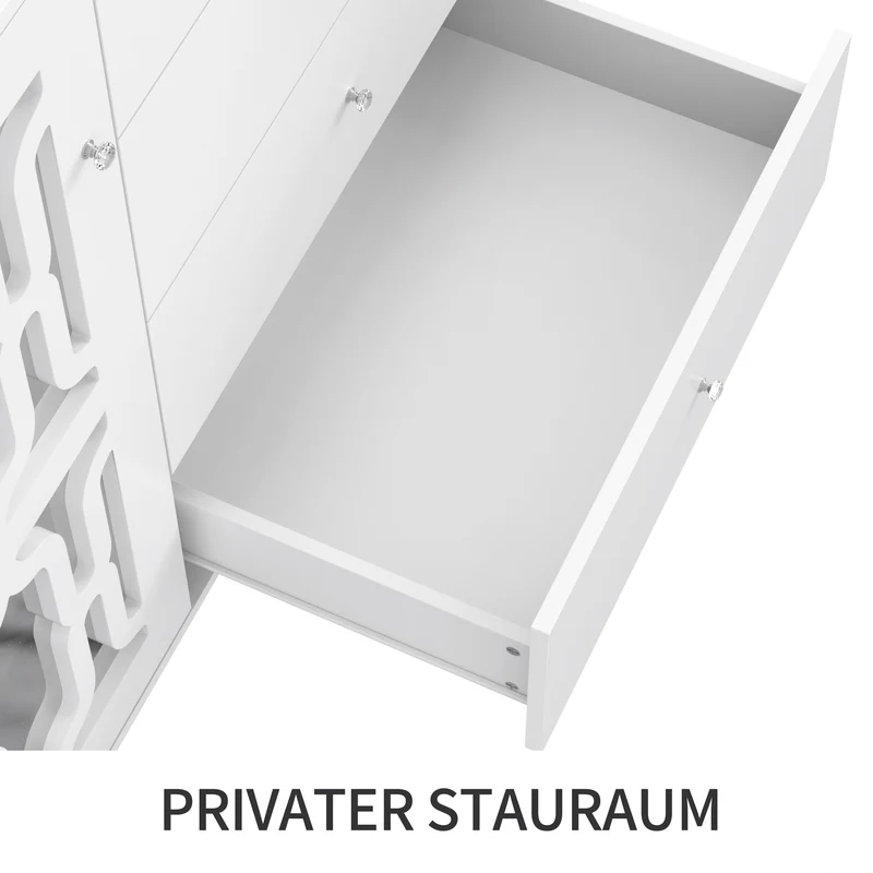 Buffet blanc design 4 tiroirs 2 portes miroir motif géométrique et poignées en cristal froid 147*40*102cm XILKODS