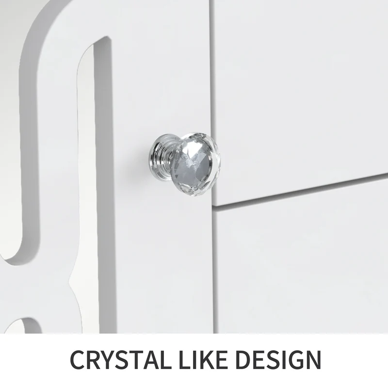Buffet blanc design 4 tiroirs 2 portes miroir motif géométrique et poignées en cristal froid 147*40*102cm XILKODS