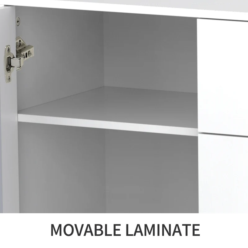 Buffet blanc design 4 tiroirs 2 portes miroir motif géométrique et poignées en cristal froid 147*40*102cm XILKODS