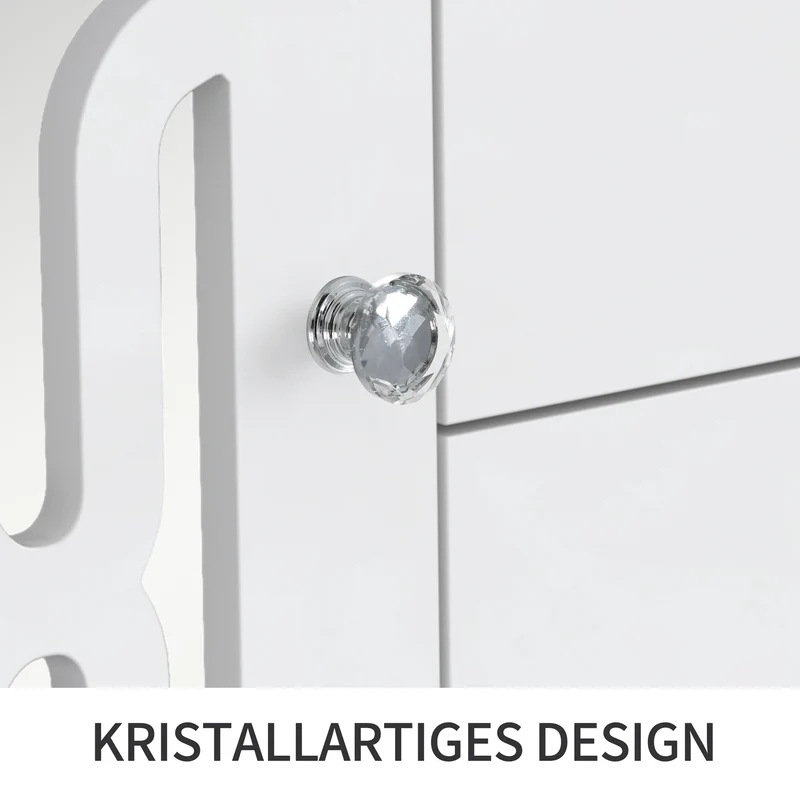 Buffet blanc design 4 tiroirs 2 portes miroir motif géométrique et poignées en cristal froid 147*40*102cm XILKODS