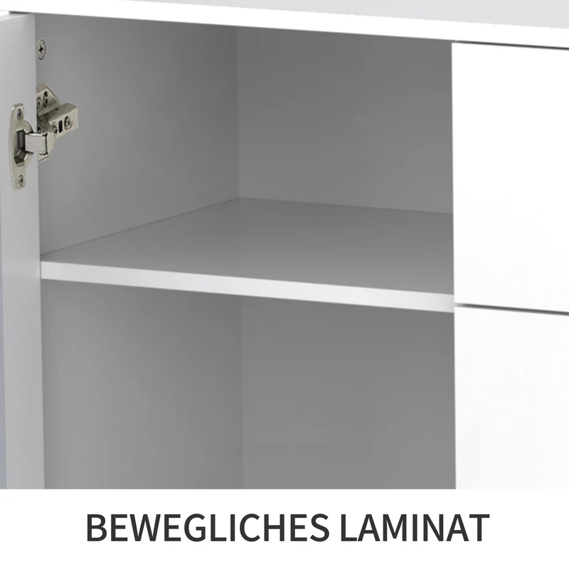 Buffet blanc design 4 tiroirs 2 portes miroir motif géométrique et poignées en cristal froid 147*40*102cm XILKODS