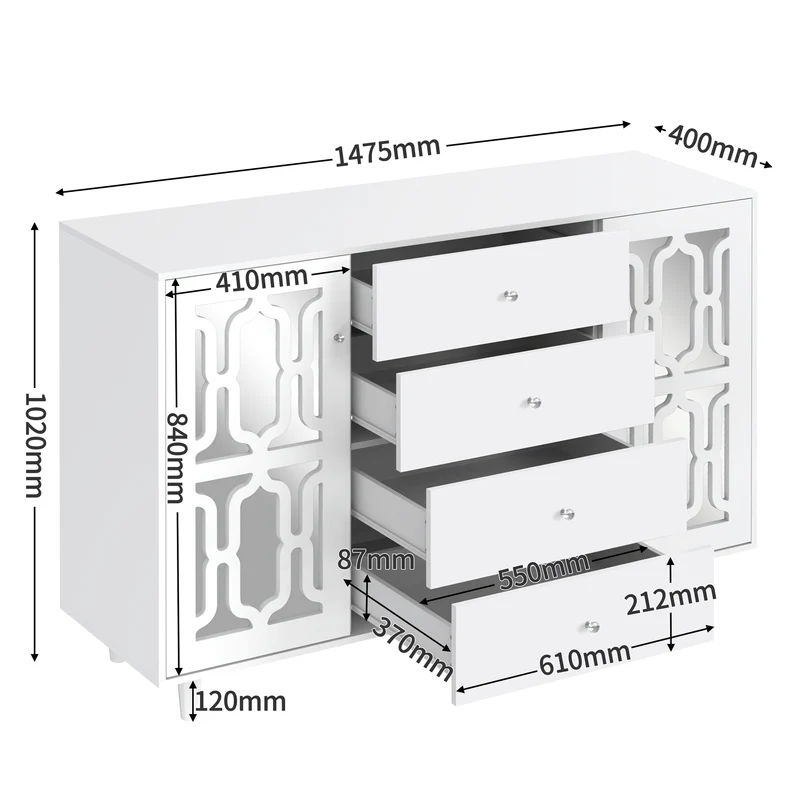 Buffet blanc design 4 tiroirs 2 portes miroir motif géométrique et poignées en cristal froid 147*40*102cm XILKODS