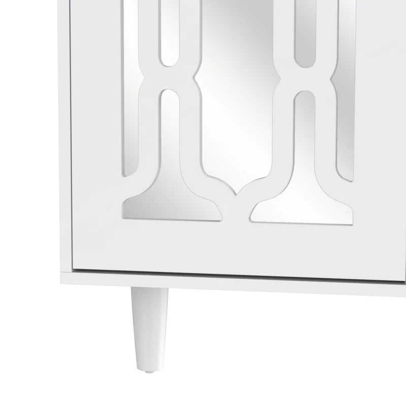 Buffet blanc design 4 tiroirs 2 portes miroir motif géométrique et poignées en cristal froid 147*40*102cm XILKODS
