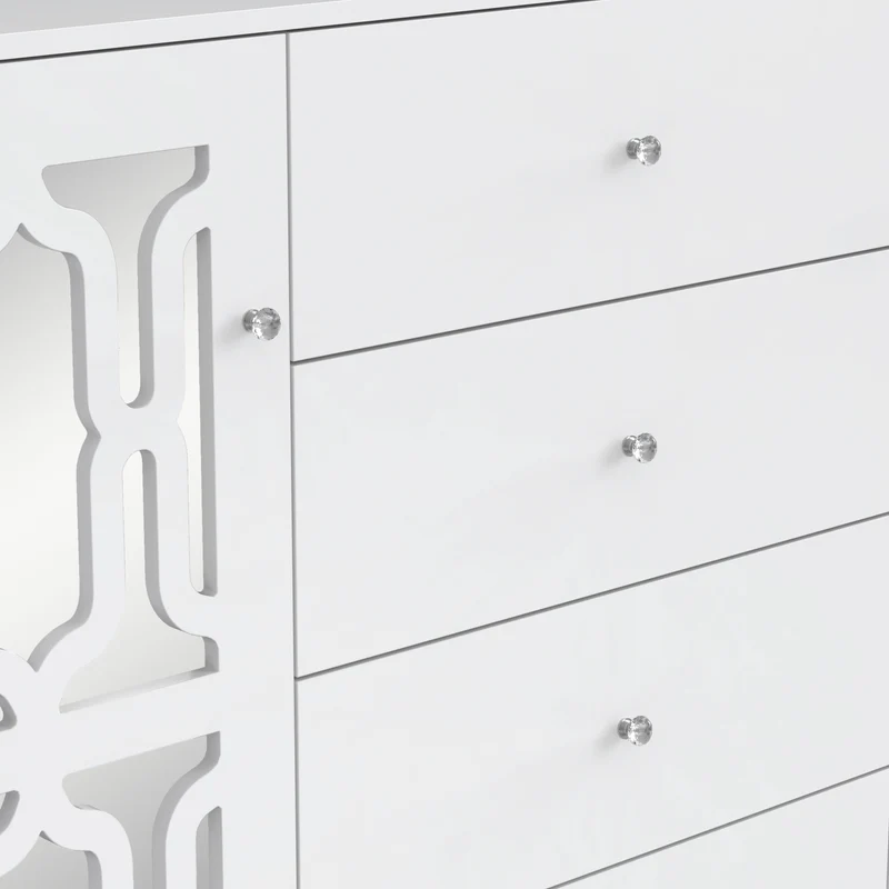 Buffet blanc design 4 tiroirs 2 portes miroir motif géométrique et poignées en cristal froid 147*40*102cm XILKODS