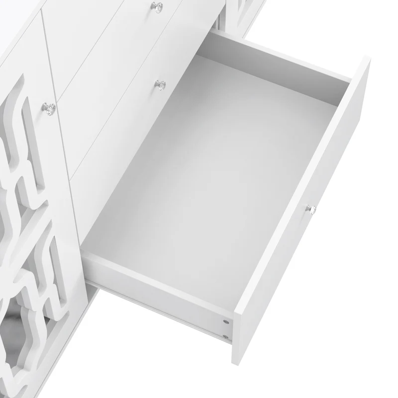 Buffet blanc design 4 tiroirs 2 portes miroir motif géométrique et poignées en cristal froid 147*40*102cm XILKODS