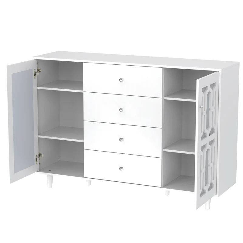 Buffet blanc design 4 tiroirs 2 portes miroir motif géométrique et poignées en cristal froid 147*40*102cm XILKODS