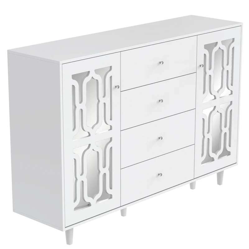 Buffet blanc design 4 tiroirs 2 portes miroir motif géométrique et poignées en cristal froid 147*40*102cm XILKODS