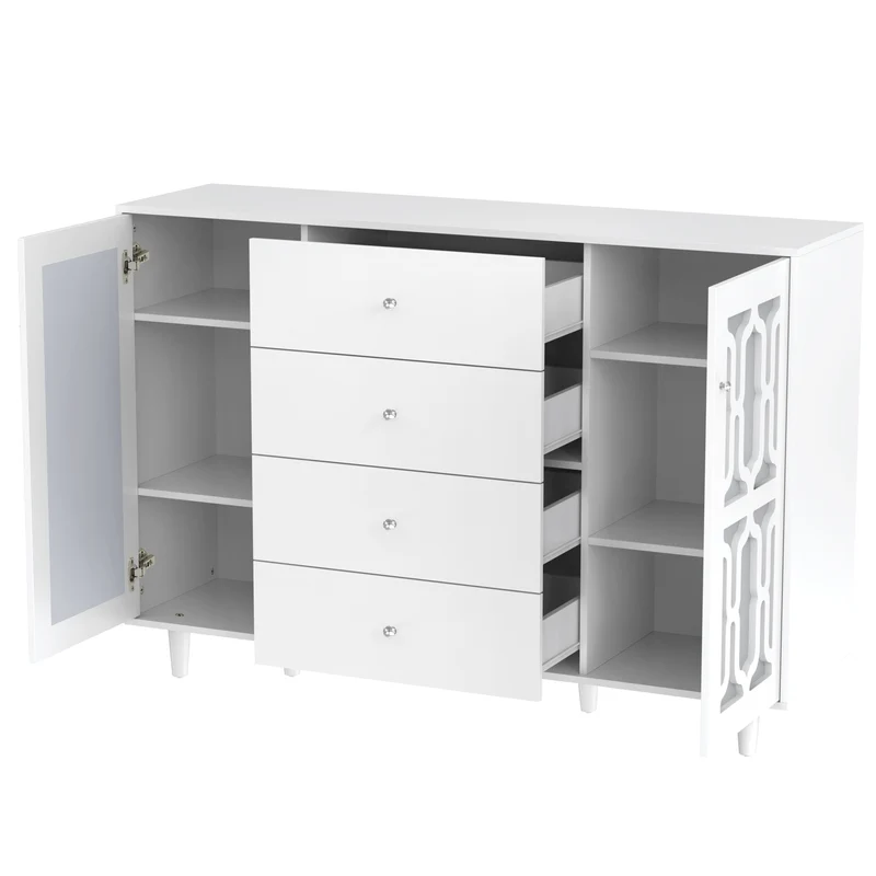 Buffet blanc design 4 tiroirs 2 portes miroir motif géométrique et poignées en cristal froid 147*40*102cm XILKODS