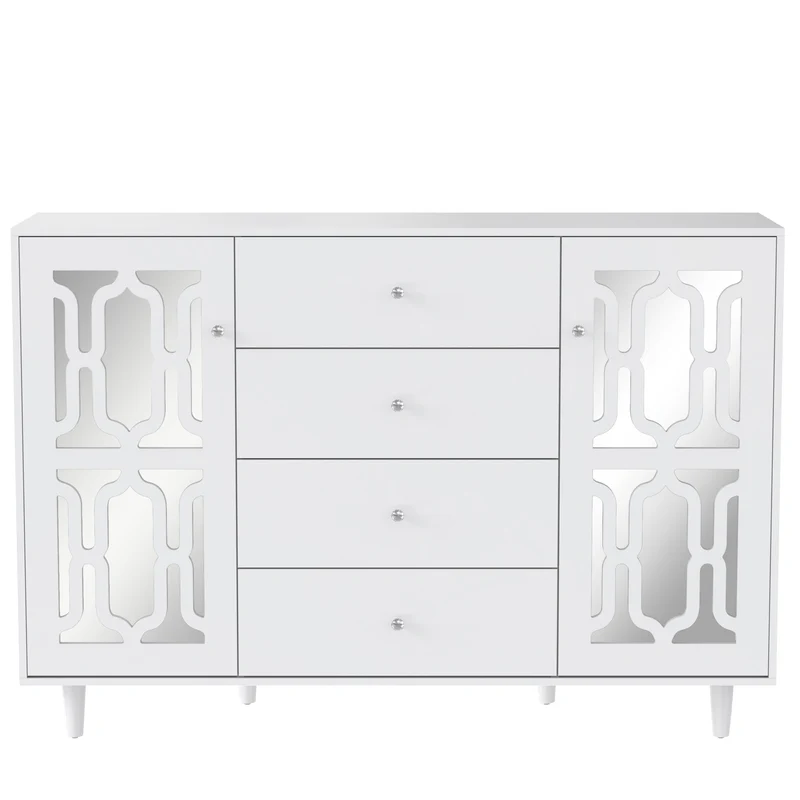 Buffet blanc design 4 tiroirs 2 portes miroir motif géométrique et poignées en cristal froid 147*40*102cm XILKODS