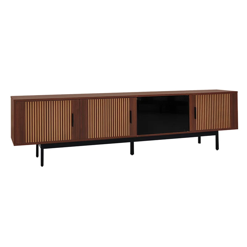 Meuble TV effet bois noyer motifs linéaires sculptés avec élairage LED 200*35*53cm SCRACOKS