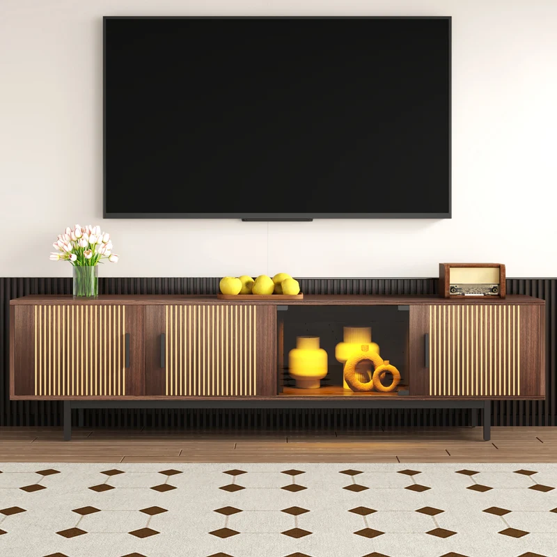Meuble TV effet bois noyer motifs linéaires sculptés avec élairage LED 200*35*53cm SCRACOKS