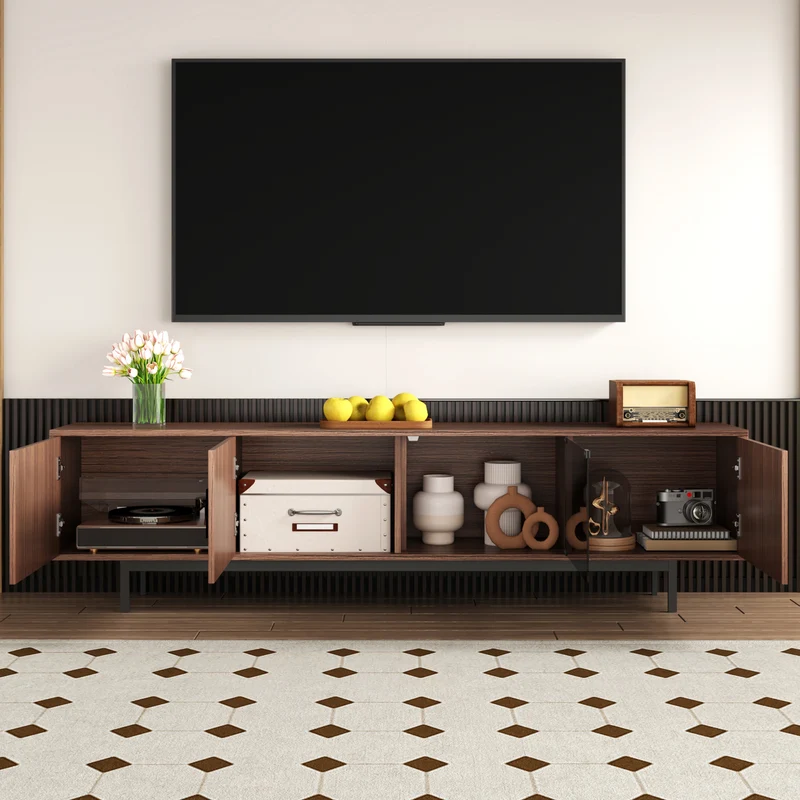 Meuble TV effet bois noyer motifs linéaires sculptés avec élairage LED 200*35*53cm SCRACOKS