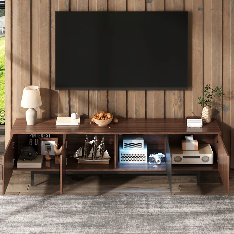 Meuble TV effet bois noyer motifs linéaires sculptés avec élairage LED 200*35*53cm SCRACOKS