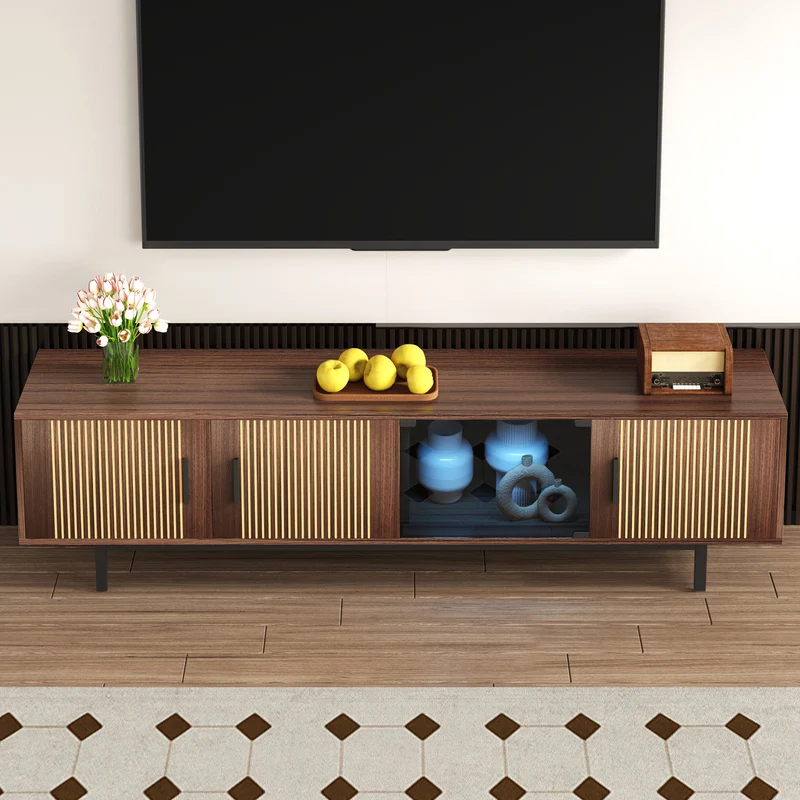 Meuble TV effet bois noyer motifs linéaires sculptés avec élairage LED 200*35*53cm SCRACOKS