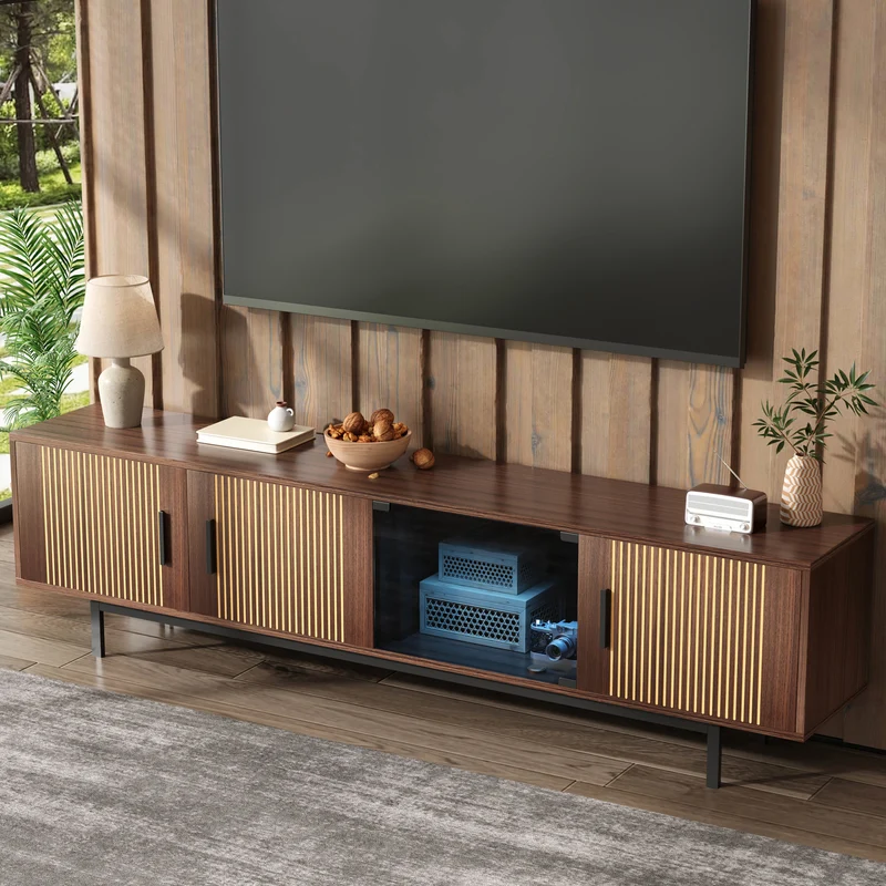 Meuble TV effet bois noyer motifs linéaires sculptés avec élairage LED 200*35*53cm SCRACOKS