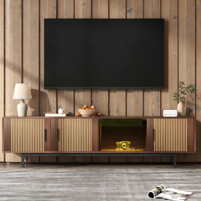 Meuble TV effet bois noyer motifs linéaires sculptés avec élairage LED 200*35*53cm SCRACOKS