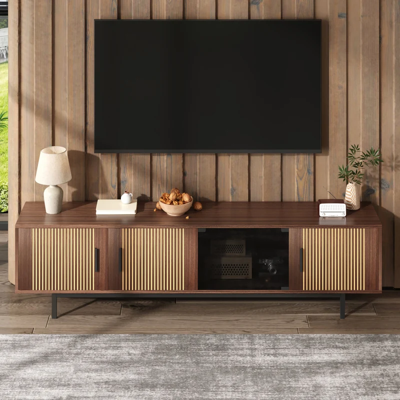 Meuble TV effet bois noyer motifs linéaires sculptés avec élairage LED 200*35*53cm SCRACOKS