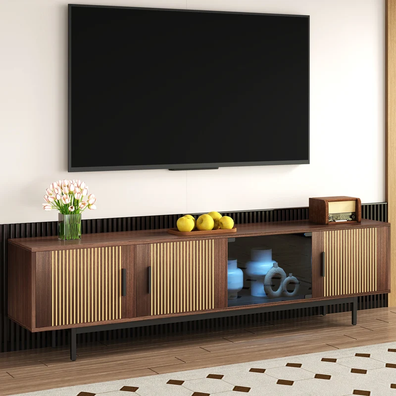 Meuble TV effet bois noyer motifs linéaires sculptés avec élairage LED 200*35*53cm SCRACOKS
