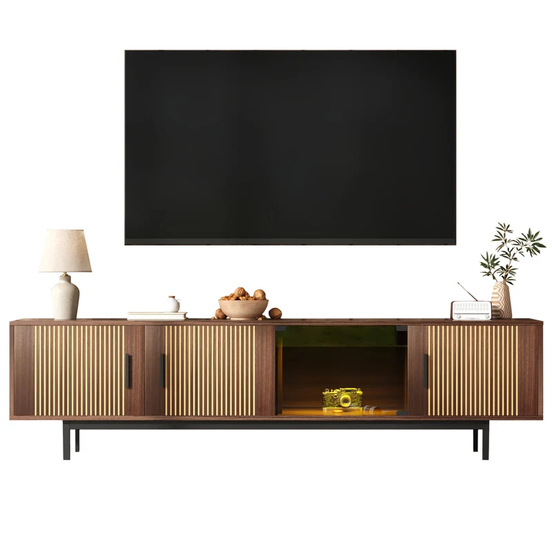 Meuble TV effet bois noyer motifs linéaires sculptés avec élairage LED 200*35*53cm SCRACOKS