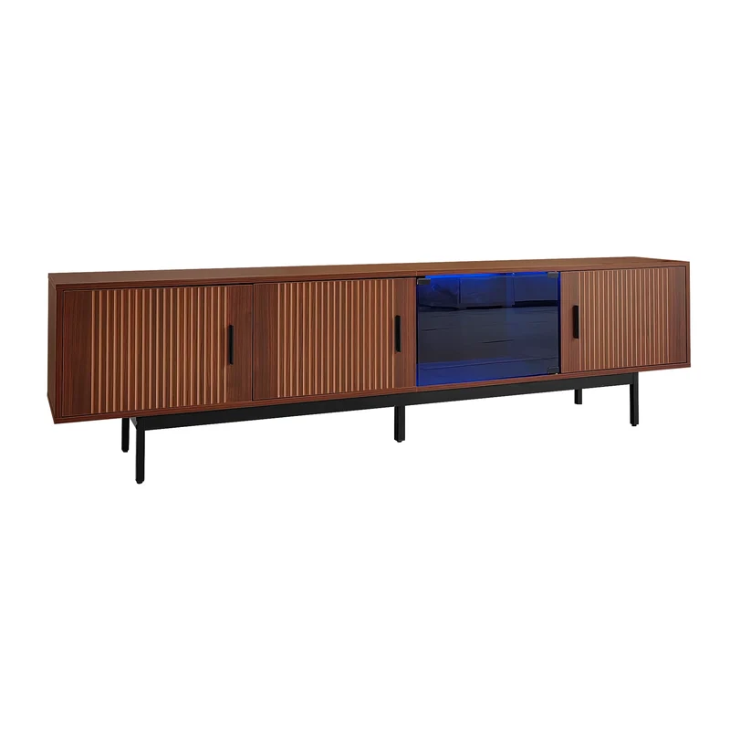 Meuble TV effet bois noyer motifs linéaires sculptés avec élairage LED 200*35*53cm SCRACOKS