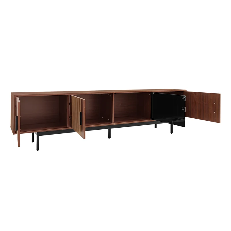 Meuble TV effet bois noyer motifs linéaires sculptés avec élairage LED 200*35*53cm SCRACOKS