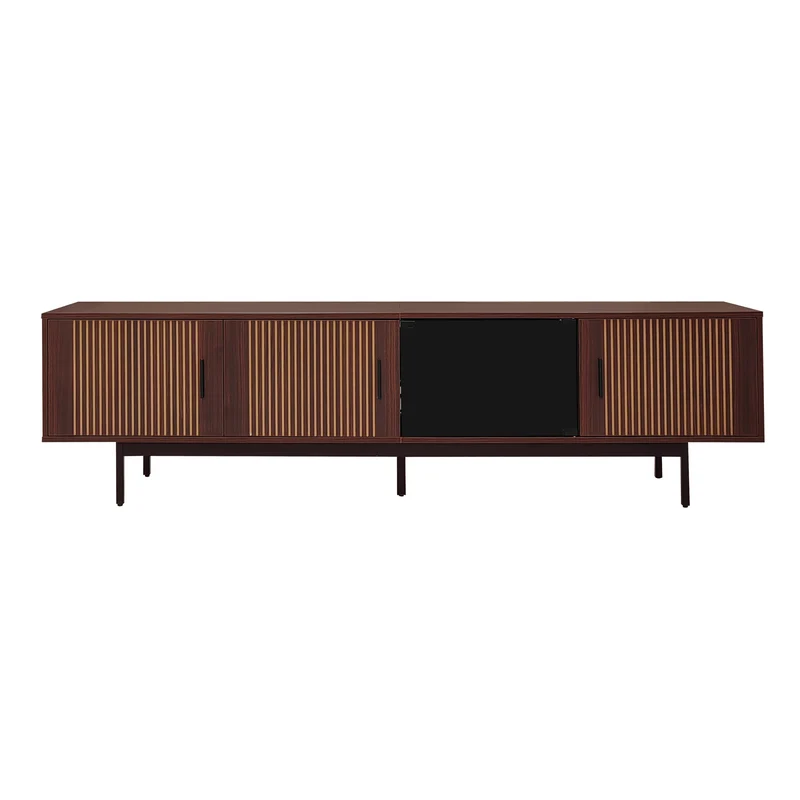 Meuble TV effet bois noyer motifs linéaires sculptés avec élairage LED 200*35*53cm SCRACOKS