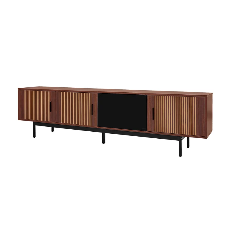 Meuble TV effet bois noyer motifs linéaires sculptés avec élairage LED 200*35*53cm SCRACOKS