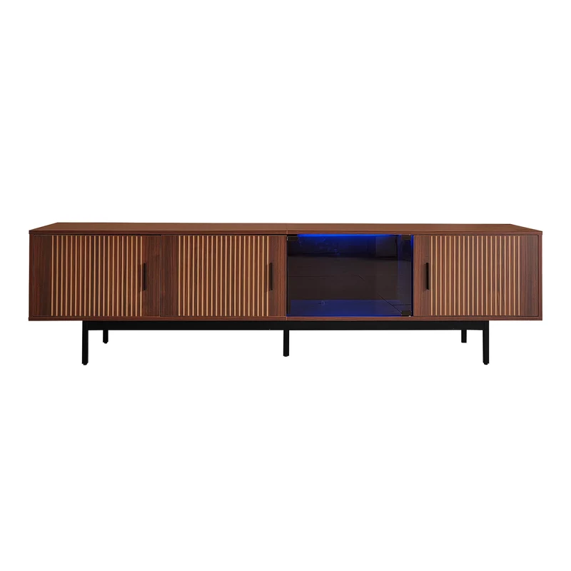 Meuble TV effet bois noyer motifs linéaires sculptés avec élairage LED 200*35*53cm SCRACOKS