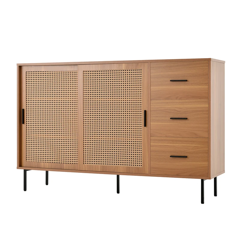 Buffet vintage effet bois et 2 portes coulissantes en rotin tressé et 3 tiroirs PROPOLIS